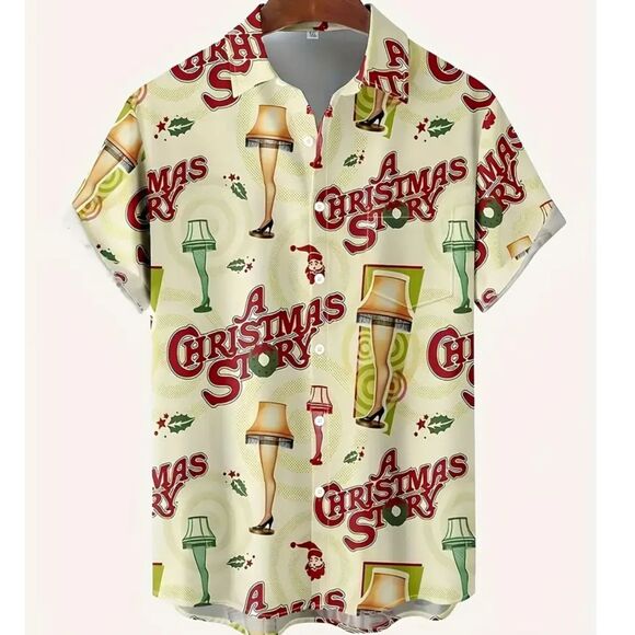 Men's XXL A Christmas Story Movie Theme Print Short Sleeve Hawaiian Shirt #F - Picture 1 of 5